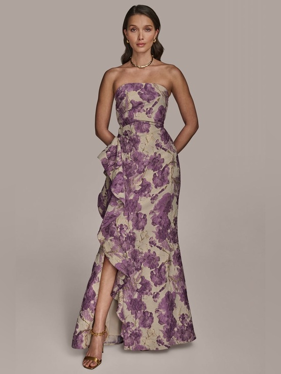 Donna Karan Dresses & Skirts - Donna Karan New York Floral Brocade Strapless Ruffle Gown Purple Size 14 NWT